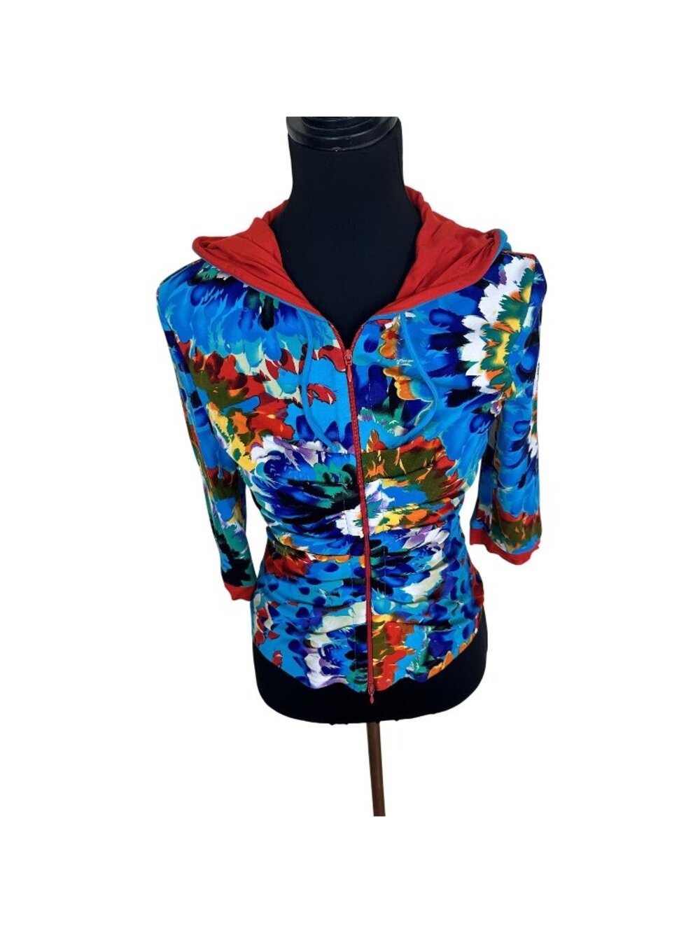 Joseph Ribkoff Womens Colorul Zip Up Top Medium 8 Hood Golf Tie Dye Cardigan